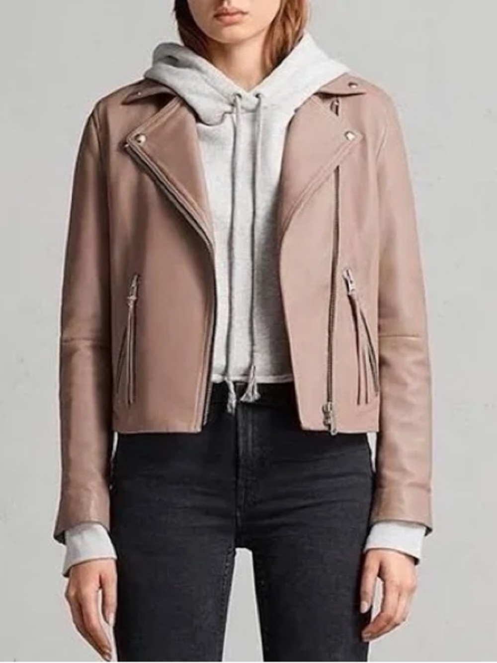 All Saints Dalby leather slim fit biker jacket in blush. Size US 6 RARE color